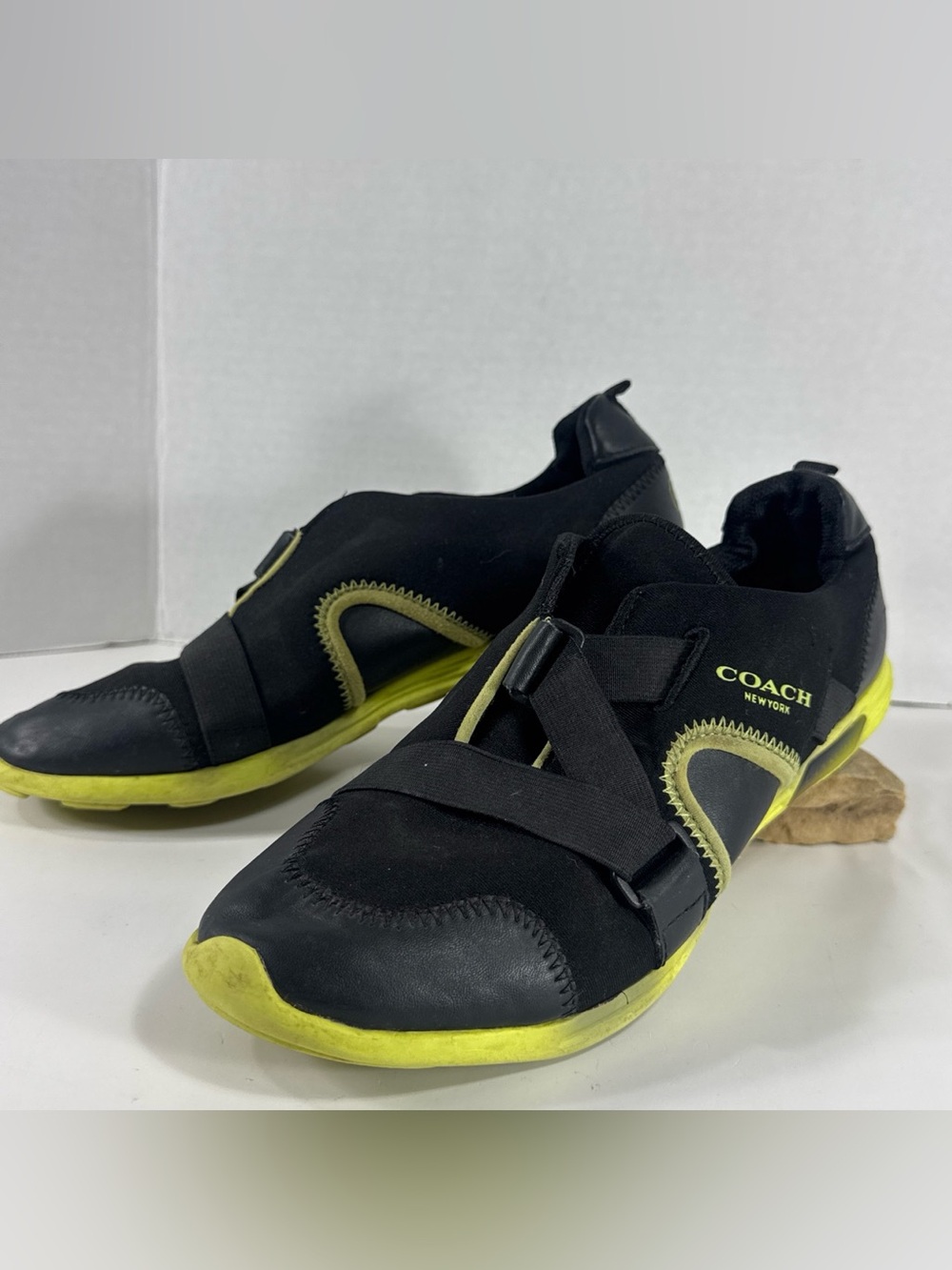 COACH Women’s Black and Neon Yellow Slip-On Athletic Sneakers